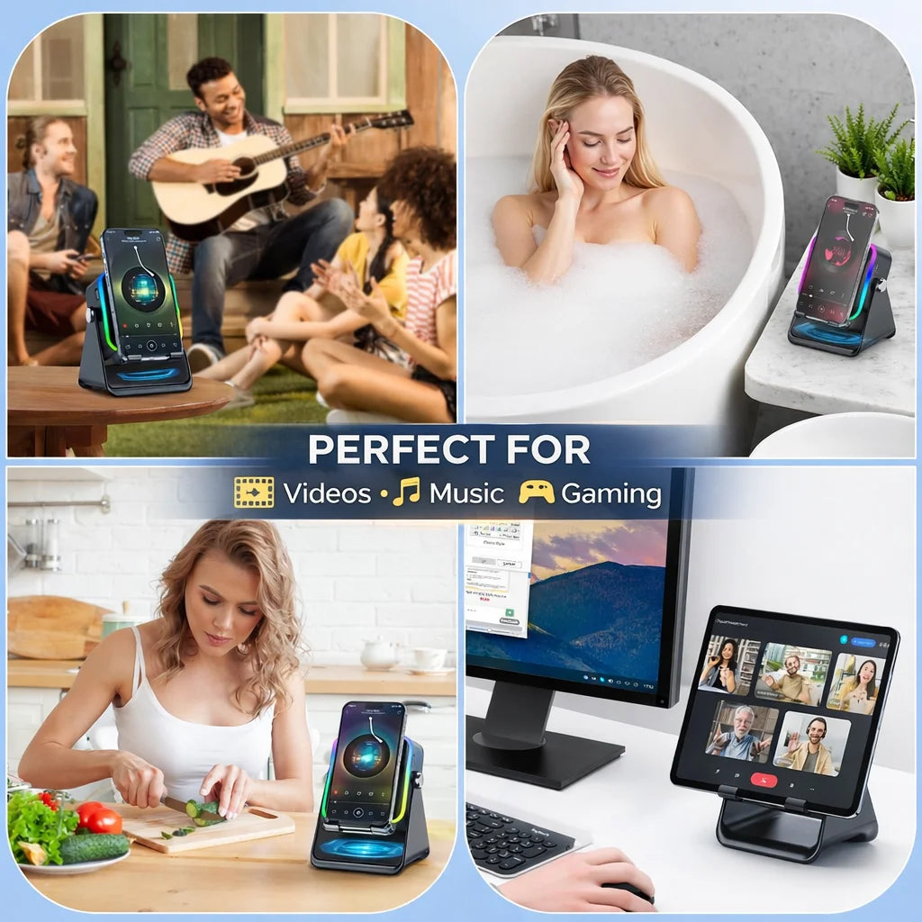 Transform Your Space with the Magnetic Induction Wireless Bluetooth Speaker Phone Stand – RGB Lights & 5000mAh Power Bank!