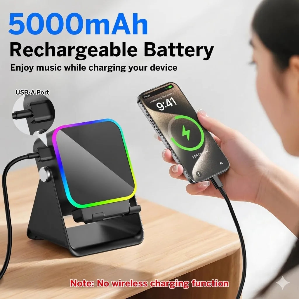 Transform Your Space with the Magnetic Induction Wireless Bluetooth Speaker Phone Stand – RGB Lights & 5000mAh Power Bank!