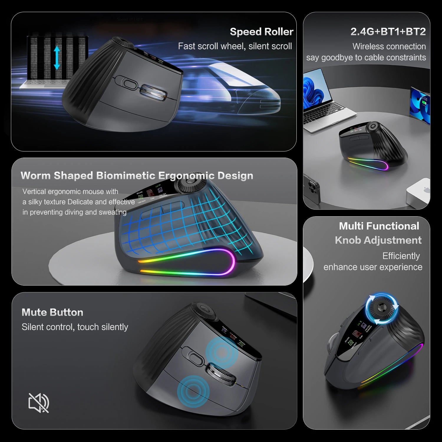 RGB Backlit Speed Roller Wireless Vertical Mouse with Function Adjustment Knob Bluetooth USB Ergonomic Mice Slient Click