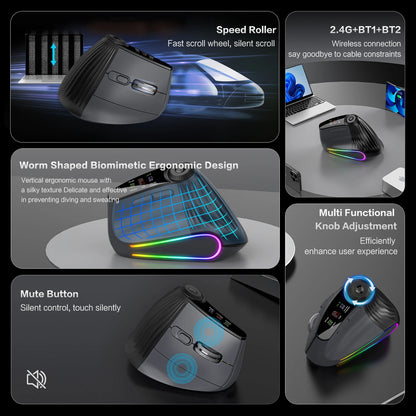 RGB Backlit Speed Roller Wireless Vertical Mouse with Function Adjustment Knob Bluetooth USB Ergonomic Mice Slient Click